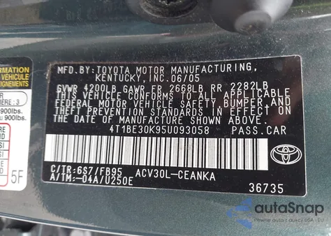 2005 Toyota Camry Le из США, поврежденный, VIN 4T1BE30K95U093058